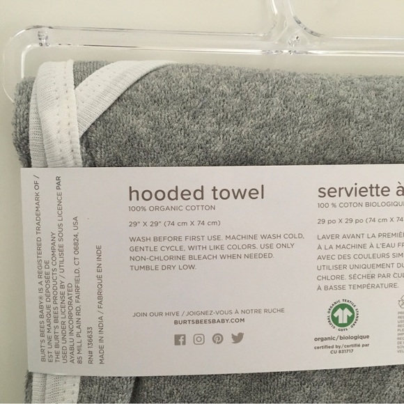 NEW Burt's Bees Baby Organic Cotton Hooded Towel Gray 29” x 29” - Picture 4 of 6